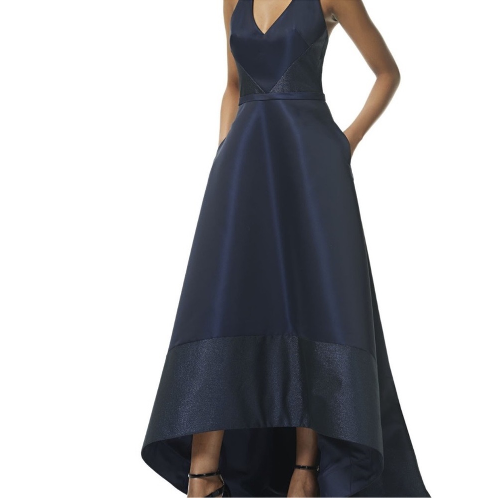 Theia NAVY BLUE high low V-Neck sleeveless evening long Gown - Picture 12 of 12